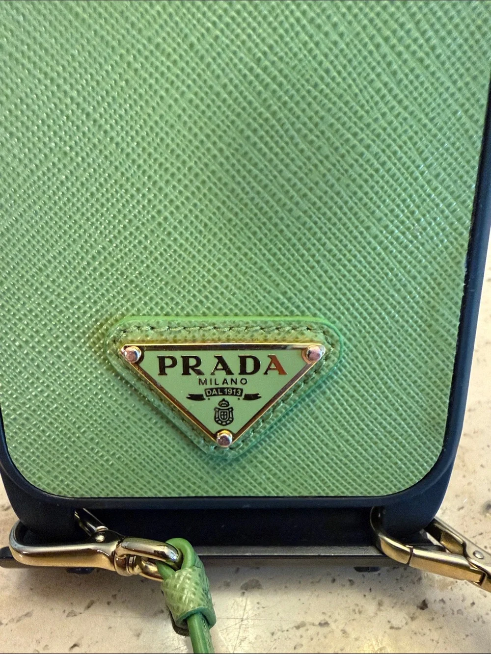 Prada Green Saffiano Leather Crossbody Phone Case with Gold Logo